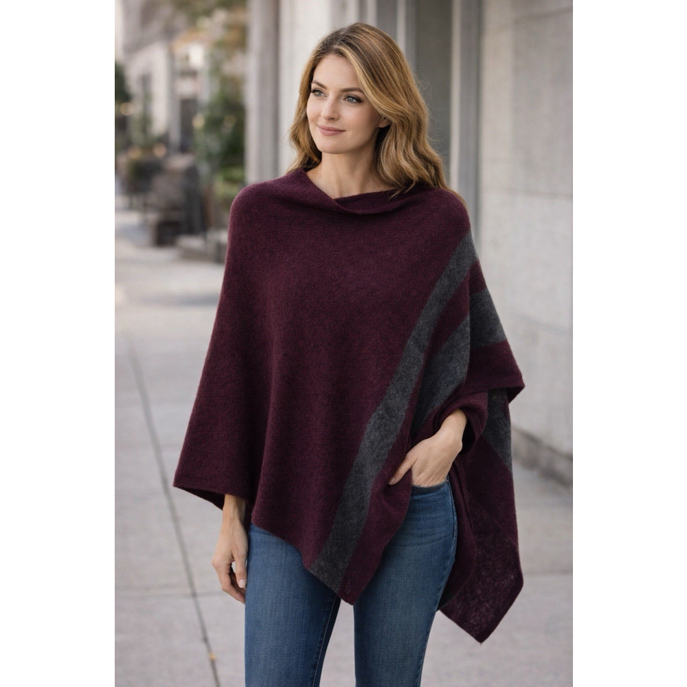 Wool Cashmere Poncho Wrap Burgundy Gray One Size Soft Warm celeste